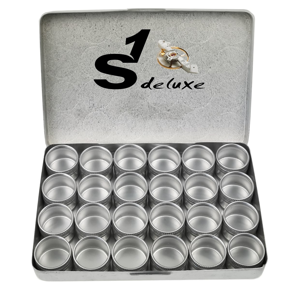 24 Kleinteildosen für Uhrenersatzteile in Acrylbox 